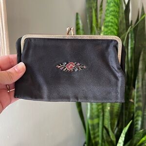 VTG Black Satin Coin Purse with Floral Embroidery